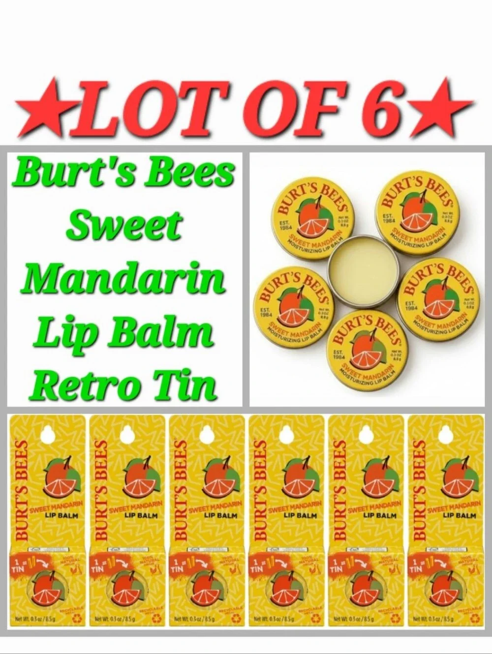 *LOT OF 6*Limited Edition Burt's Bees Sweet Mandarin Lip Balm Retro Tin RARE